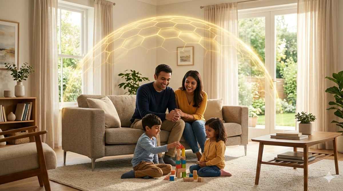 An glad own family sitting underneath an symbolic sparkling golden shielding dome, representing safety and peace of mind via important contamination coverage.