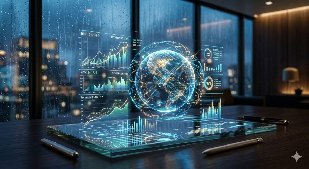 A high-tech digital interface showing real-time insurance risk data and predictive modeling graphs in a modern office.